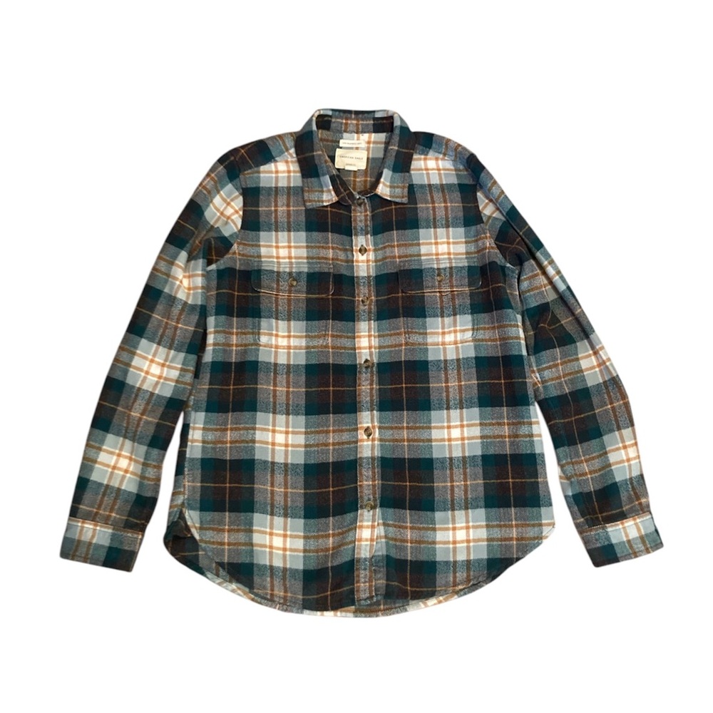 American Eagle Classic Fit Ahhmazingly Soft Plaid Button Flannel Medium Teal